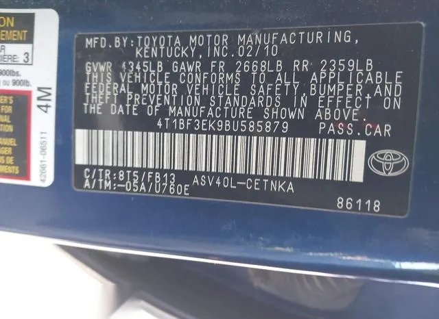 4T1BF3EK9BU585879 2011 2011 Toyota Camry- LE 9