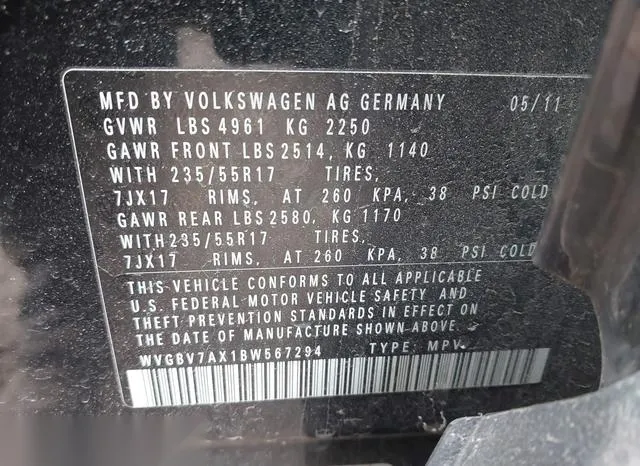 WVGBV7AX1BW567294 2011 2011 Volkswagen Tiguan- SE 9