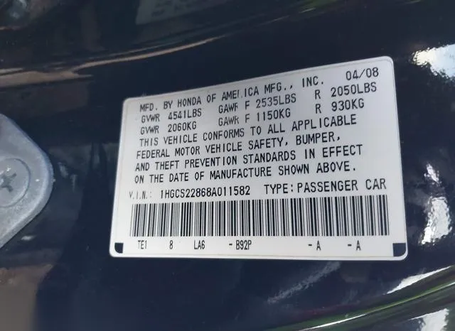 1HGCS22868A011582 2008 2008 Honda Accord- 3-5 Ex-L 9