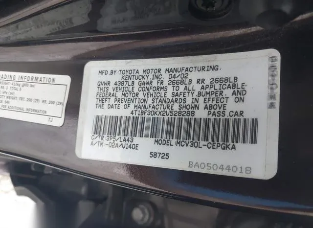 4T1BF30KX2U528288 2002 2002 Toyota Camry- Xle V6 9