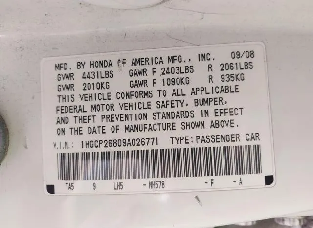 1HGCP26809A026771 2009 2009 Honda Accord- 2-4 Ex-L 9