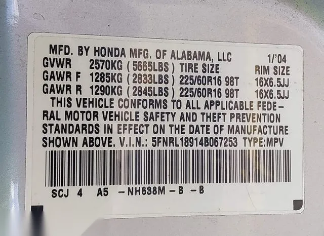 5FNRL18914B067253 2004 2004 Honda Odyssey- Ex-L 9