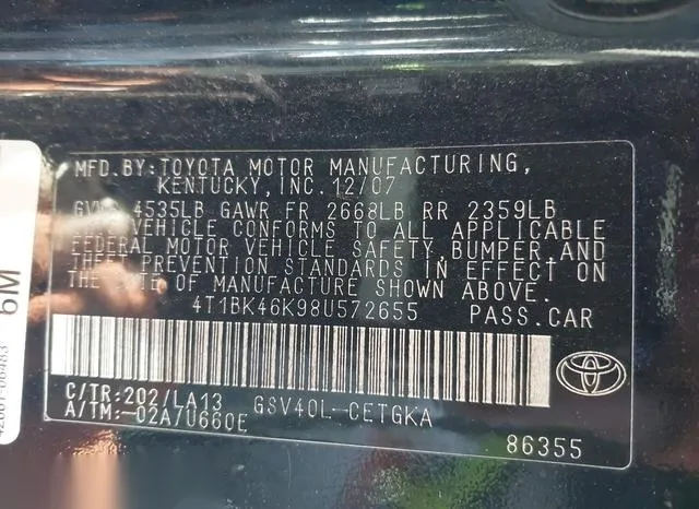 4T1BK46K98U572655 2008 2008 Toyota Camry- Xle V6 9