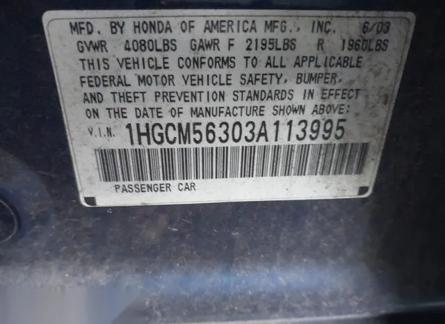 1HGCM56303A113995 2003 2003 Honda Accord- 2-4 LX 9