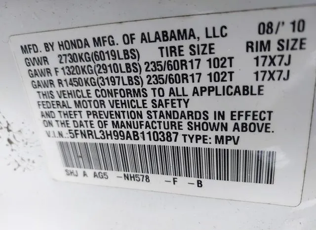 5FNRL3H99AB110387 2010 2010 Honda Odyssey- Touring 9