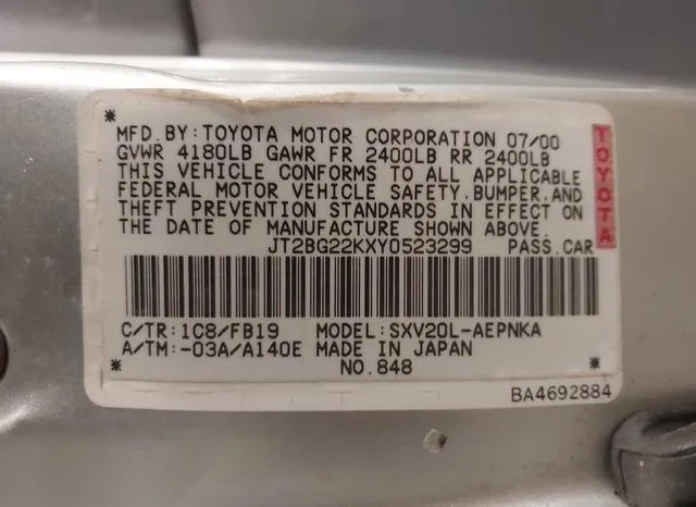 JT2BG22KXY0523299 2000 2000 Toyota Camry- LE 9