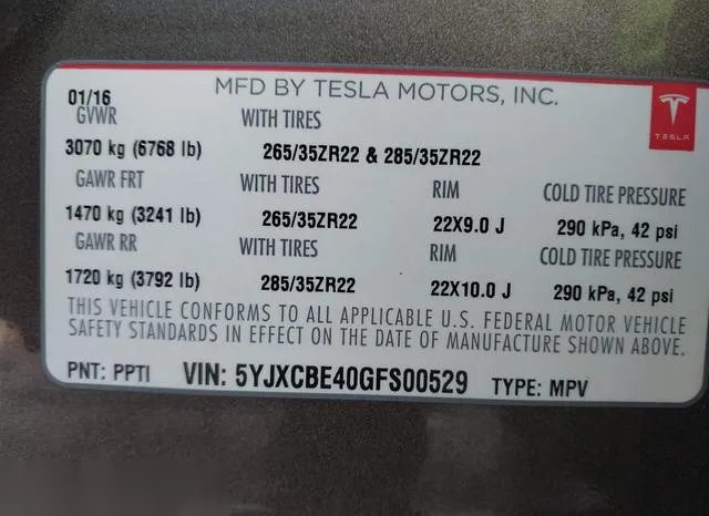 5YJXCBE40GFS00529 2016 2016 Tesla Model X- 75D/P100D/P90D 9