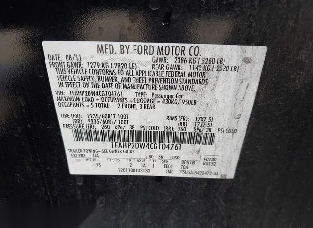 1FAHP2DW4CG104761 2012 2012 Ford Taurus- SE 9