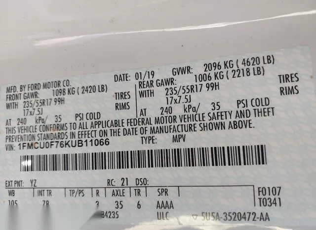 1FMCU0F76KUB11066 2019 2019 Ford Escape- S 9