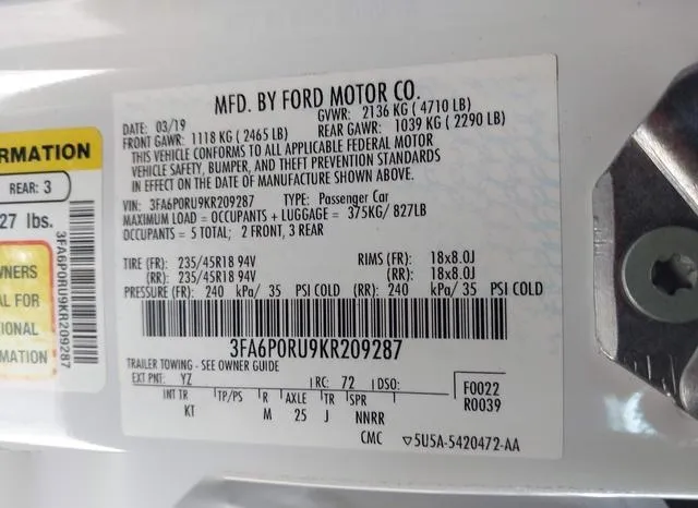 3FA6P0RU9KR209287 2019 2019 Ford Fusion- Hybrid Titanium 9