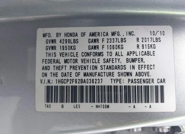 1HGCP2F62BA036237 2011 2011 Honda Accord- 2-4 SE 9