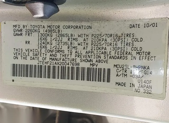 JTEHF21AX20047698 2002 2002 Toyota Highlander- Limited 9