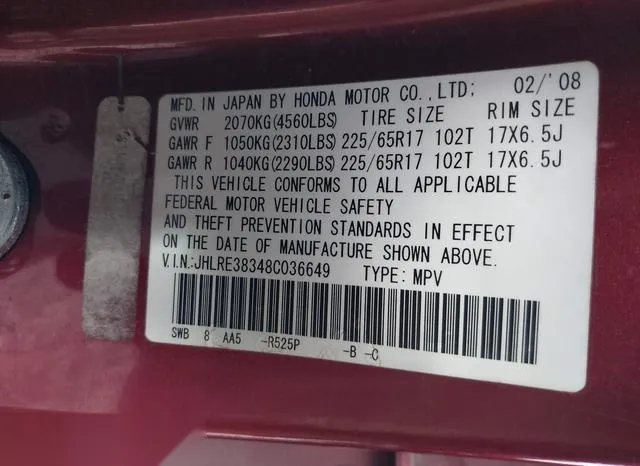 JHLRE38348C036649 2008 2008 Honda CR-V- LX 9