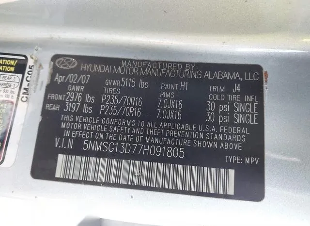 5NMSG13D77H091805 2007 2007 Hyundai Santa Fe- Gls 9