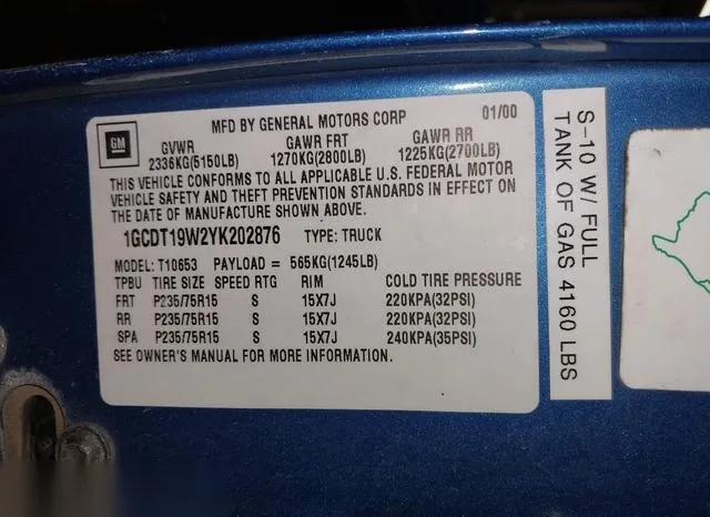 1GCDT19W2YK202876 2000 2000 Chevrolet S10- LS 9