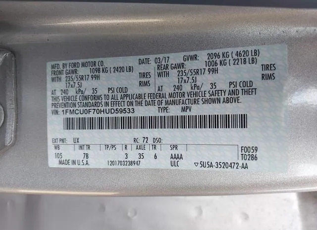 1FMCU0F70HUD59533 2017 2017 Ford Escape- S 9