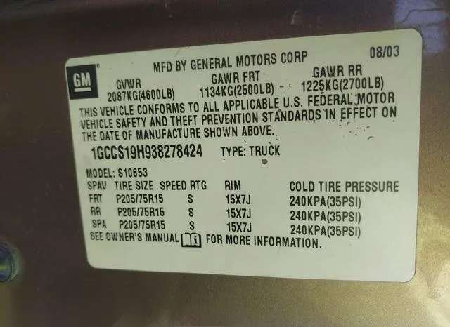 1GCCS19H938278424 2003 2003 Chevrolet S10 9