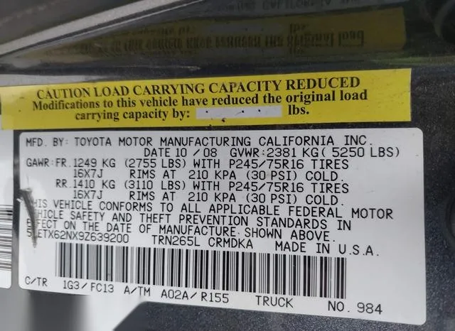 5TETX62NX9Z639200 2009 2009 Toyota Tacoma- Prerunner 9