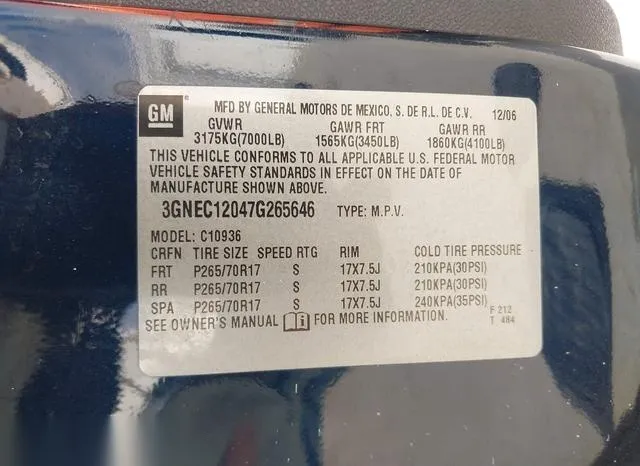 3GNEC12047G265646 2007 2007 Chevrolet Avalanche 1500- LS 9