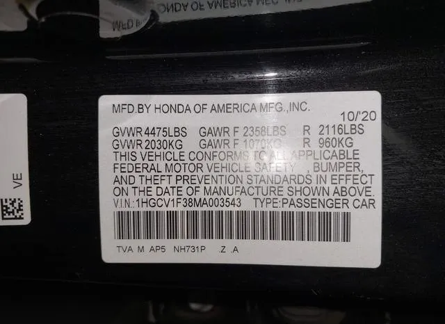 1HGCV1F38MA003543 2021 2021 Honda Accord- Sport 9