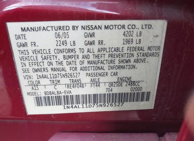 1N4AL11D75N926527 2005 2005 Nissan Altima- 2-5 S 9