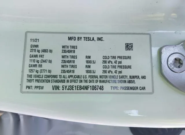 5YJ3E1EB4NF106748 2022 2022 Tesla Model 3- Long Range Dual 9