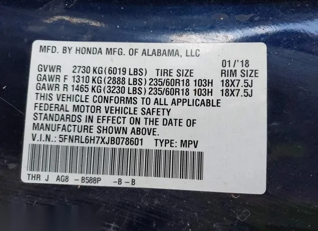 5FNRL6H7XJB078601 2018 2018 Honda Odyssey- Ex-L 9