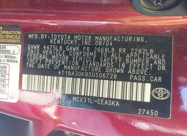 4T1BA30K85U506728 2005 2005 Toyota Camry- Se V6 9