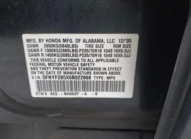 5FNYF285X6B022868 2006 2006 Honda Pilot- Ex-L 9