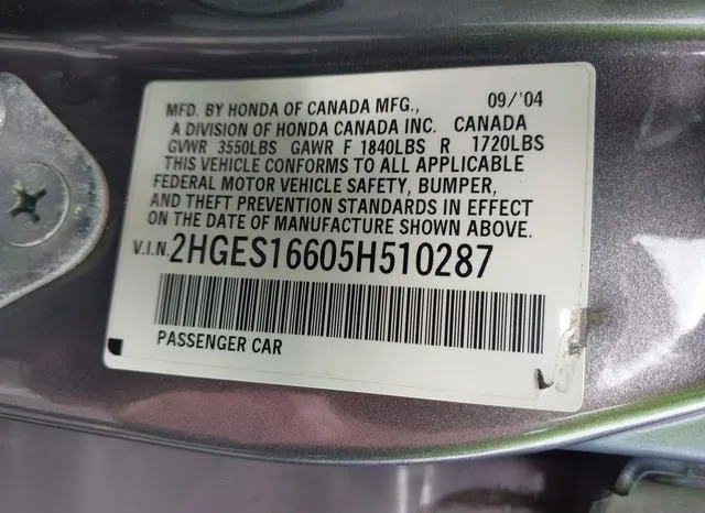 2HGES16605H510287 2005 2005 Honda Civic- LX 9