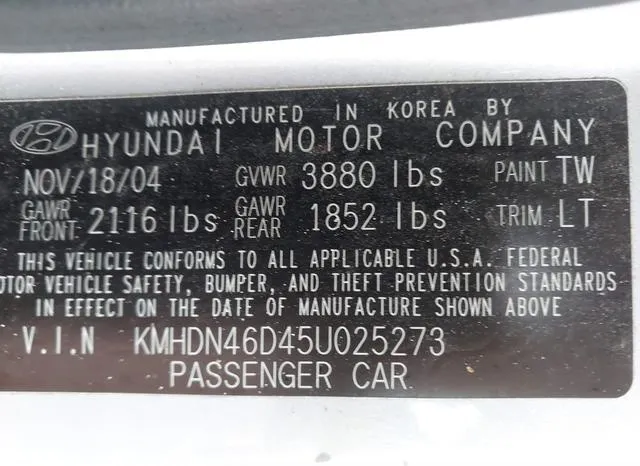 KMHDN46D45U025273 2005 2005 Hyundai Elantra- Gls/Gt 9