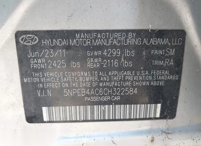 5NPEB4AC6CH322584 2012 2012 Hyundai Sonata- Gls 9