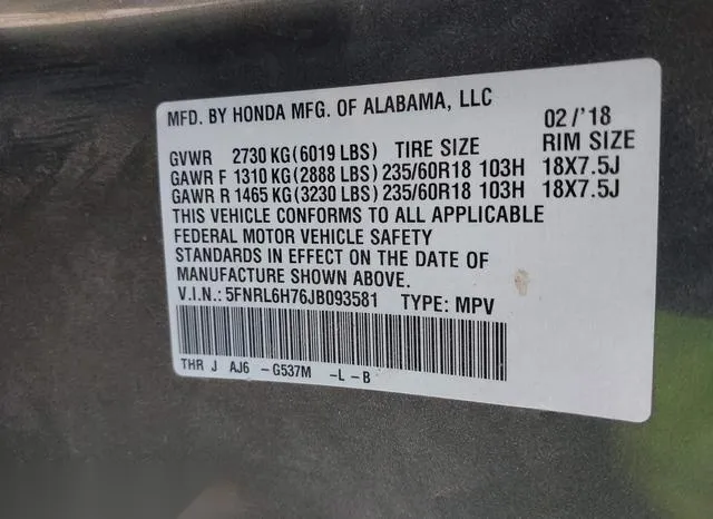 5FNRL6H76JB093581 2018 2018 Honda Odyssey- Ex-L 9