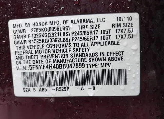 5FNYF4H40BB047999 2011 2011 Honda Pilot- EX 9