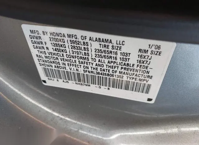 5FNRL38426B061352 2006 2006 Honda Odyssey- EX 9