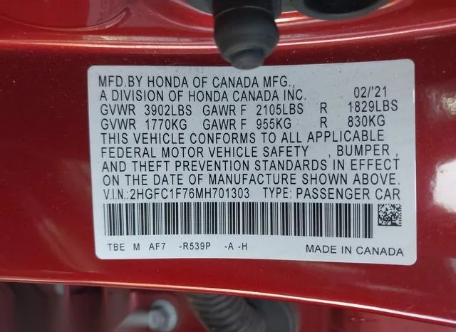 2HGFC1F76MH701303 2021 2021 Honda Civic- Ex-L 9