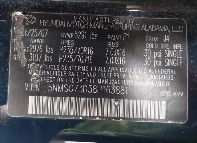 5NMSG73D58H163881 2008 2008 Hyundai Santa Fe- Gls 9