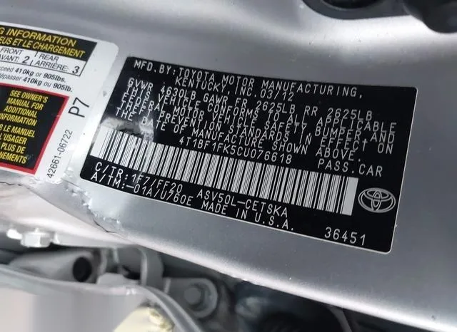 4T1BF1FK5CU076618 2012 2012 Toyota Camry- SE 9