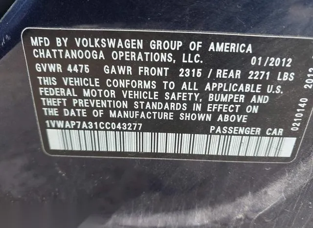 1VWAP7A31CC043277 2012 2012 Volkswagen Passat- 2-5L S 9