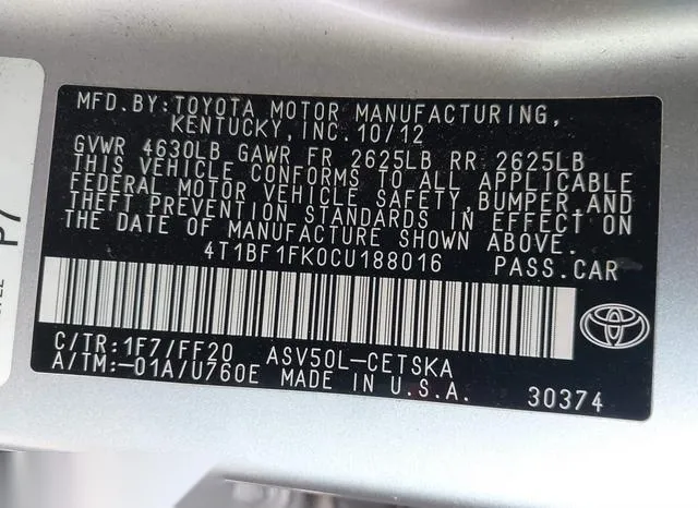 4T1BF1FK0CU188016 2012 2012 Toyota Camry- SE 9