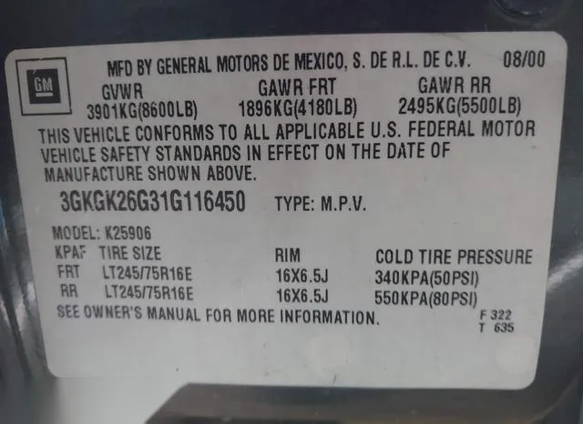 3GKGK26G31G116450 2001 2001 GMC Yukon Xl 2500- Slt 9