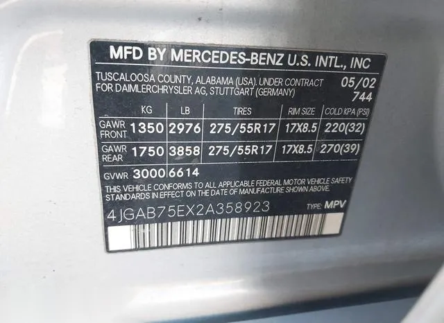 4JGAB75EX2A358923 2002 2002 Mercedes-Benz ML 500 9