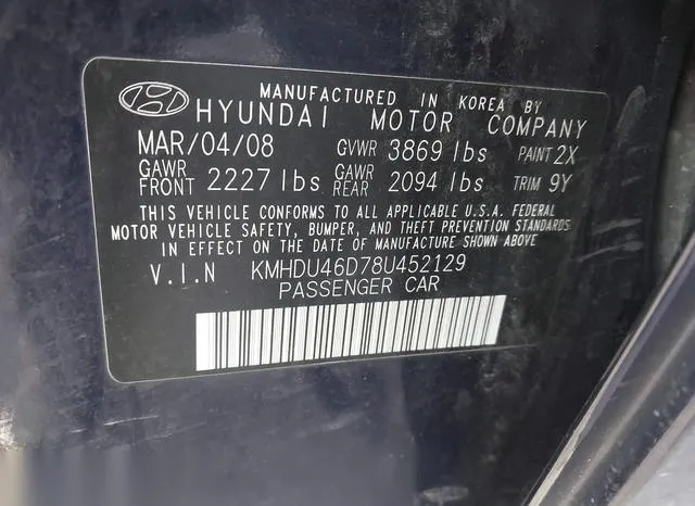 KMHDU46D78U452129 2008 2008 Hyundai Elantra- Gls/Se 9