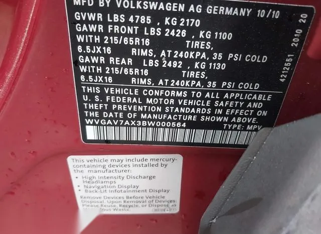 WVGAV7AX3BW000564 2011 2011 Volkswagen Tiguan- S 9