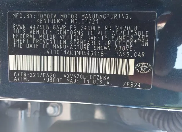 4T1C11AK1MU545148 2021 2021 Toyota Camry- LE 9