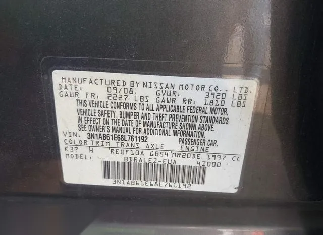 3N1AB61E68L761192 2008 2008 Nissan Sentra- 2-0S 9