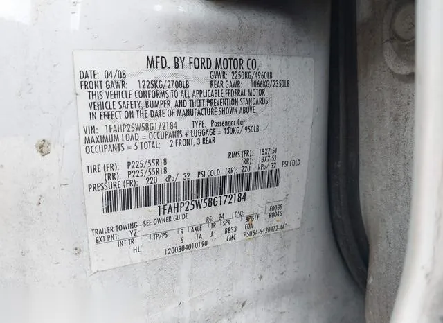 1FAHP25W58G172184 2008 2008 Ford Taurus- Limited 9