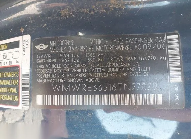 WMWRE33516TN27079 2006 2006 Mini Cooper S 9