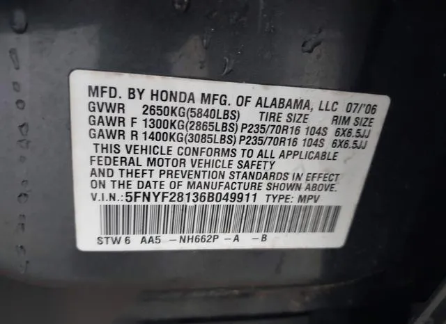 5FNYF28136B049911 2006 2006 Honda Pilot- LX 9