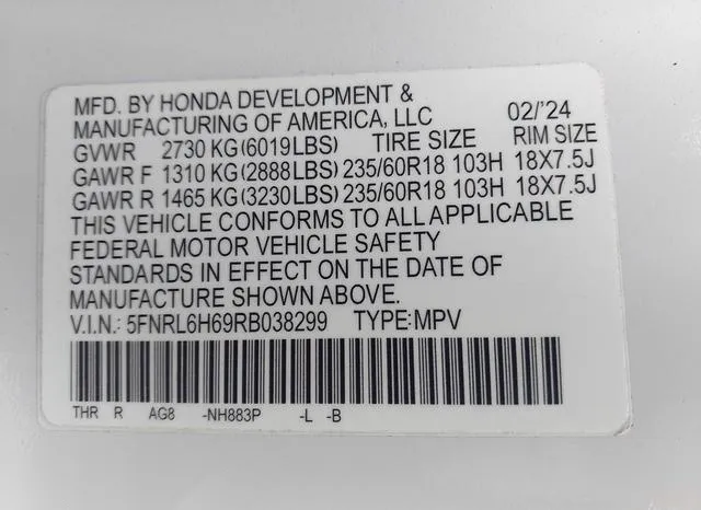 5FNRL6H69RB038299 2024 2024 Honda Odyssey- Ex-L 9